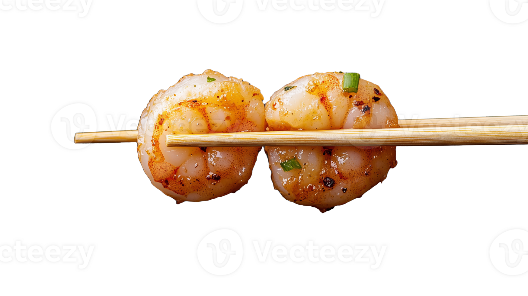 Pair of seasoned shrimps on chopsticks on transparent background png