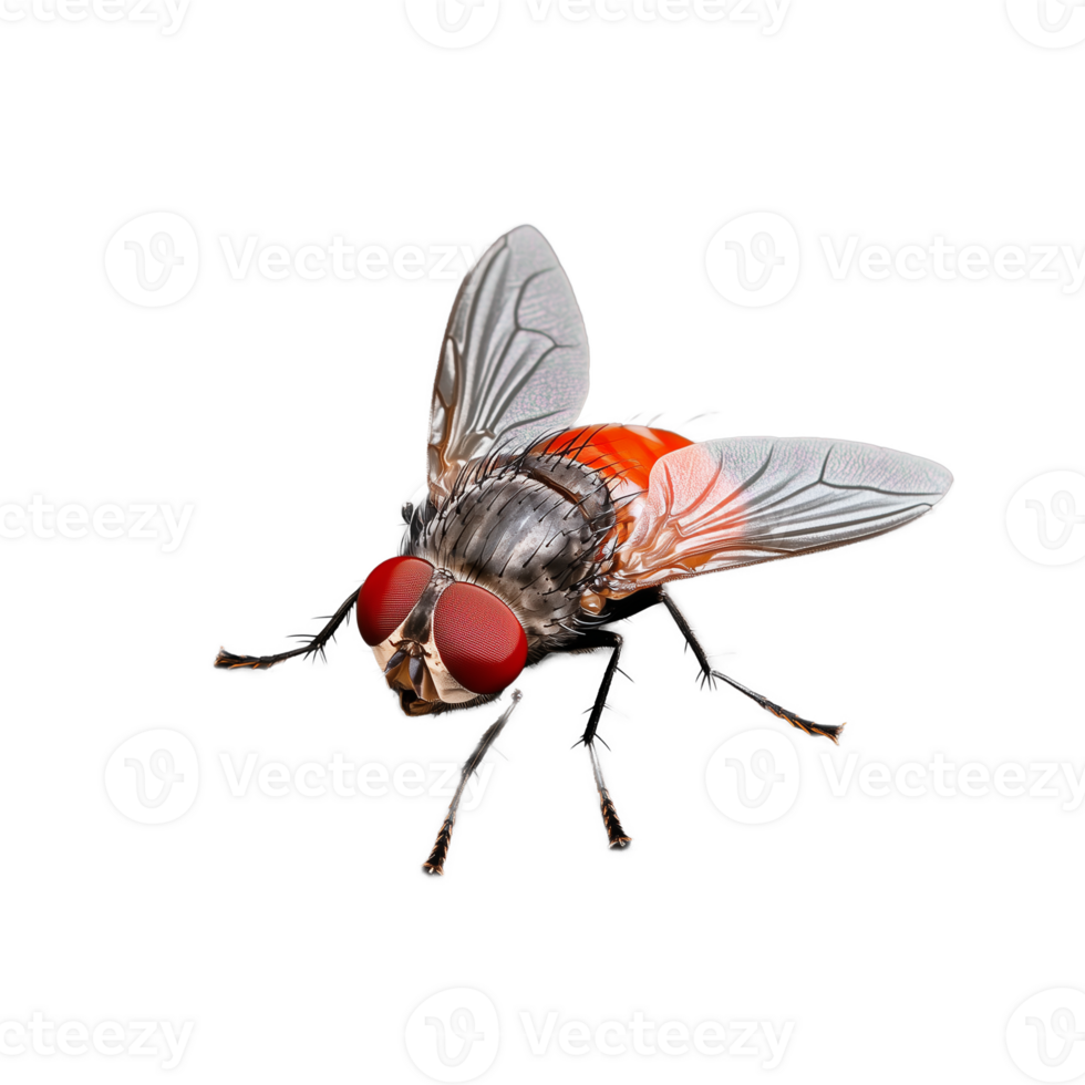 Close-up of a realistic fly with red eyes on transparent background png