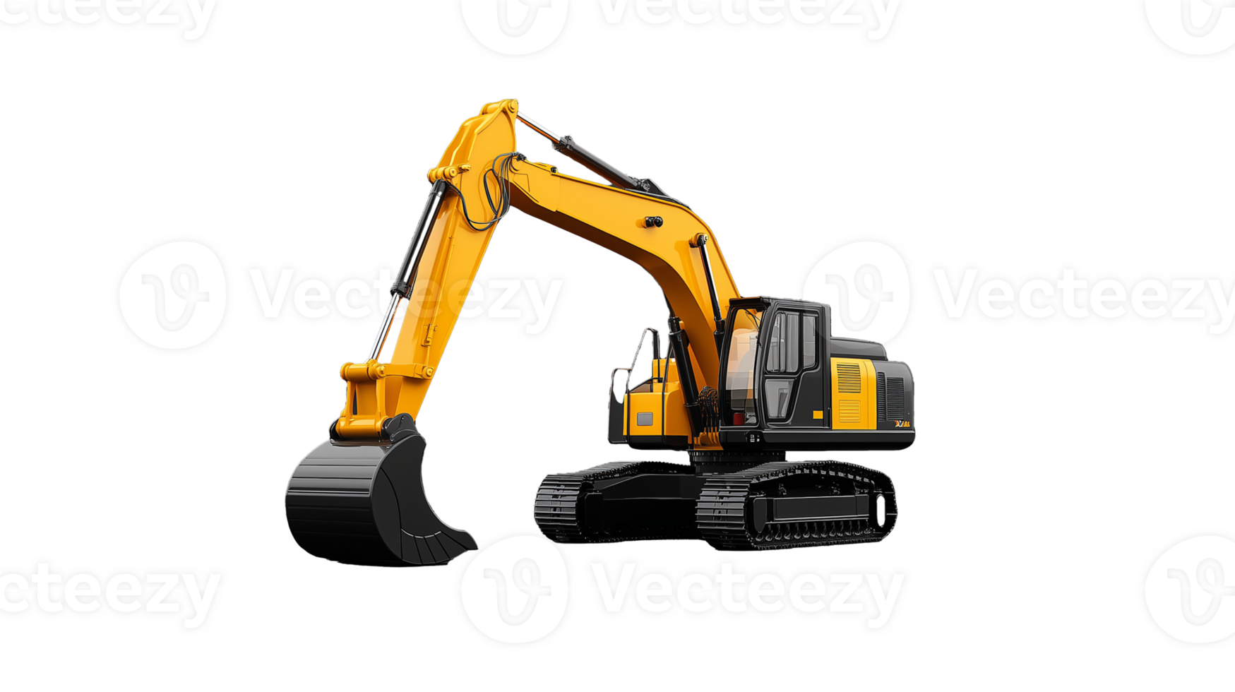 Small construction excavator vehicle in yellow and black on transparent background png