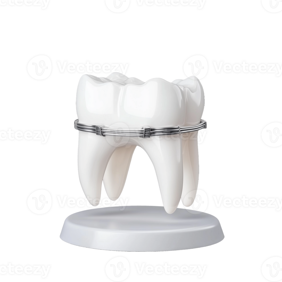 Model of two teeth with braces on a stand on transparent background png
