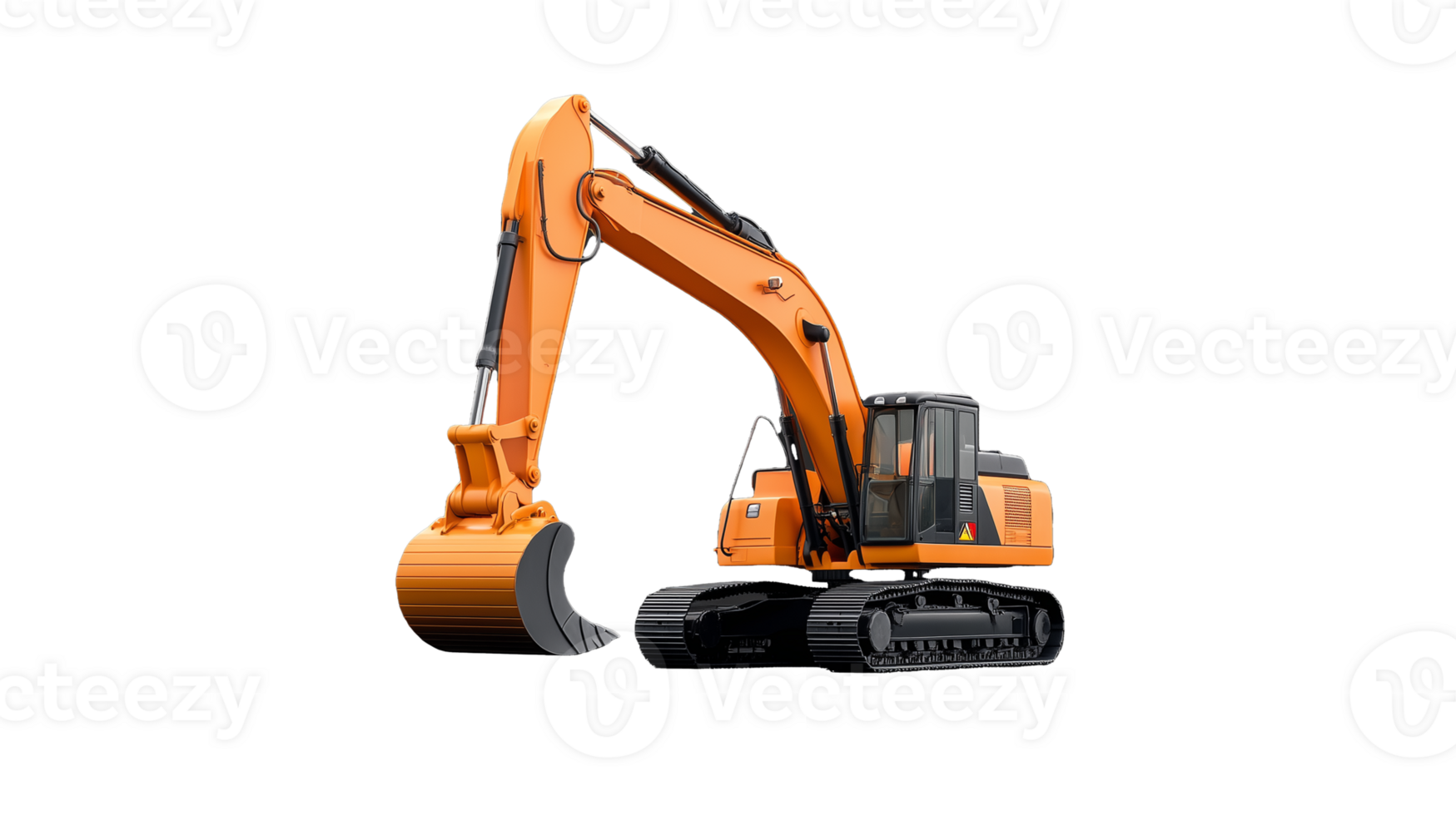 Large orange construction excavator with black treads on transparent background png