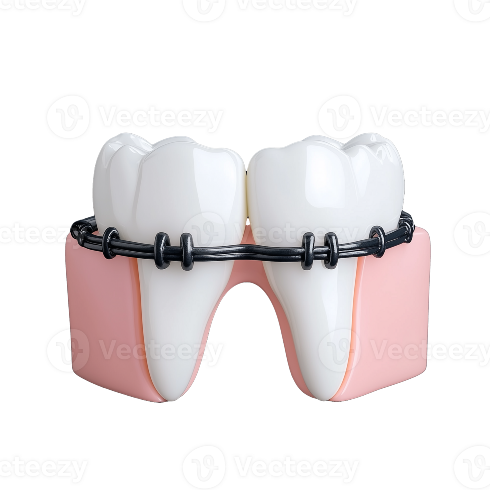 Orthodontic model showing two teeth with braces on pink gums on transparent background png