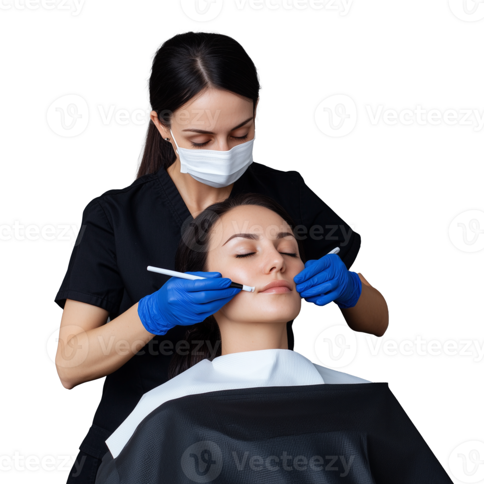 Beautician preparing client for facial treatment on transparent background png