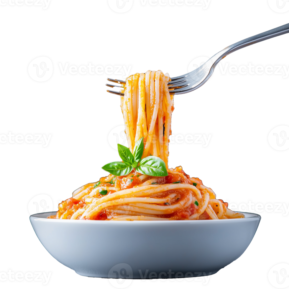 Fork twirling spaghetti with tomato sauce and basil on transparent background png