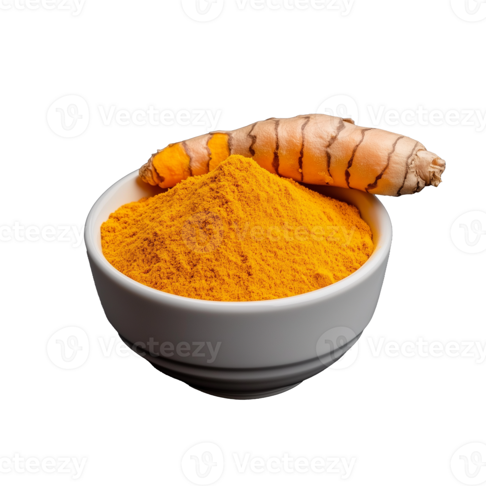 Bowl of turmeric powder with fresh root on transparent background png