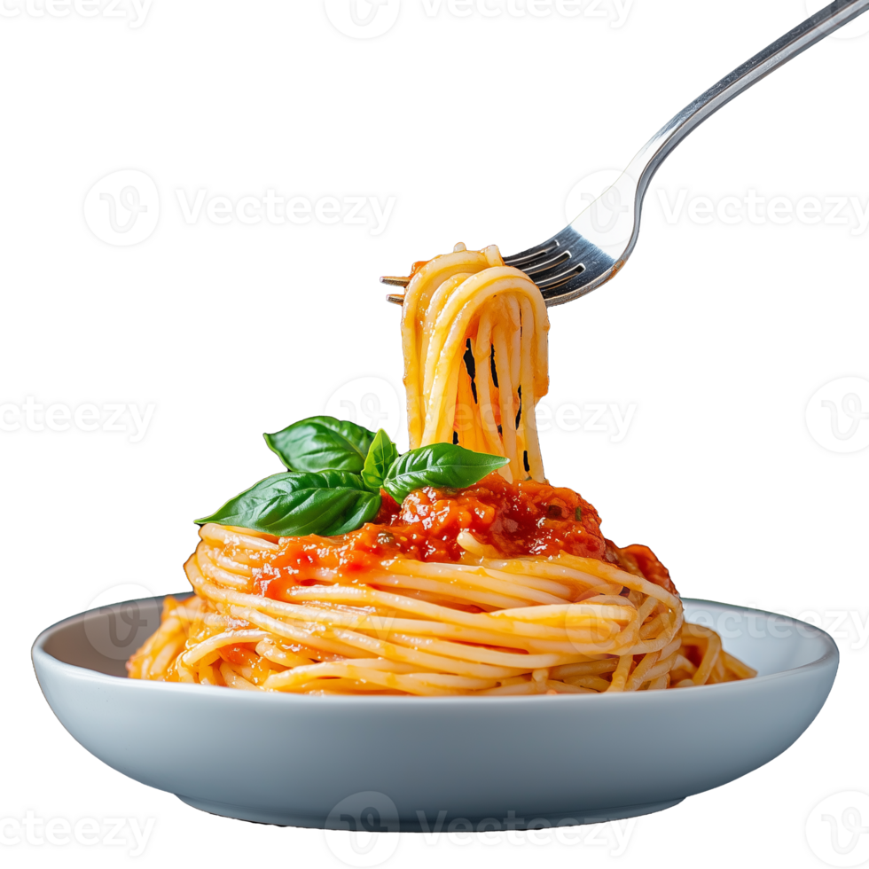 Bowl of spaghetti with tomato sauce and basil on fork on transparent background png