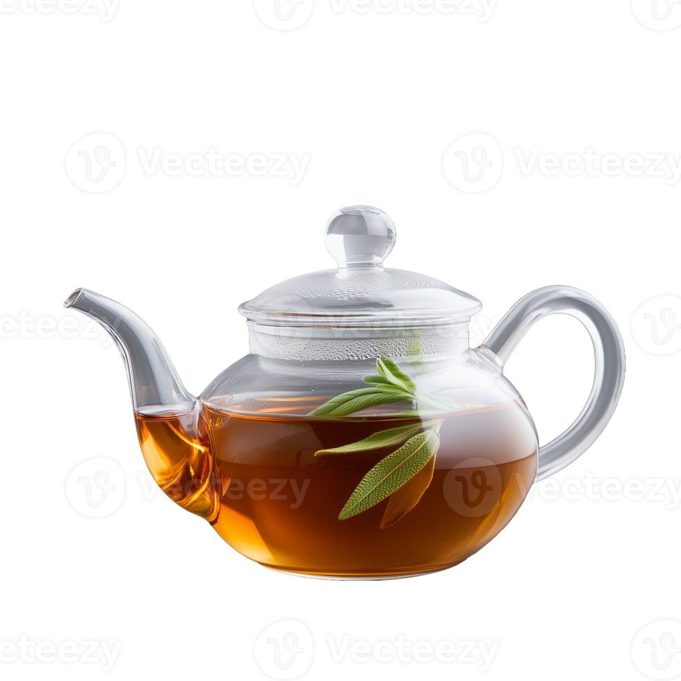 Transparent teapot with black tea and mint leaf on transparent background png