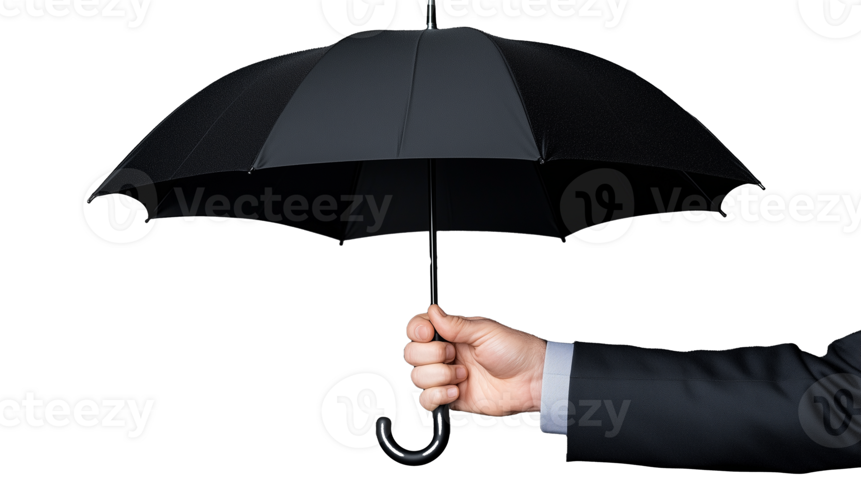 Black umbrella with wooden handle held on transparent background png