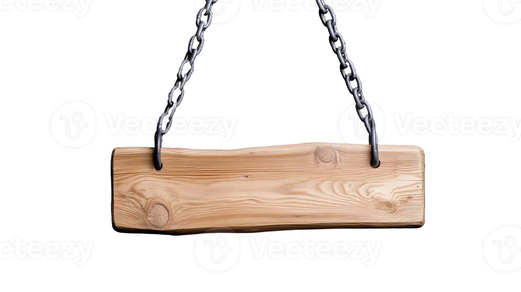 Rustic wooden swing board with attached chains on transparent background png