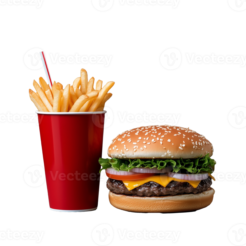 Classic burger with fries in a red container on transparent background png