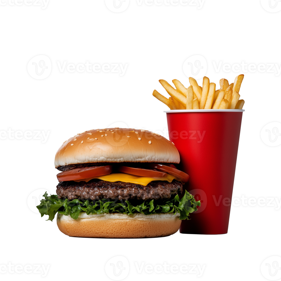 Classic hamburger with fries in red container on transparent background png