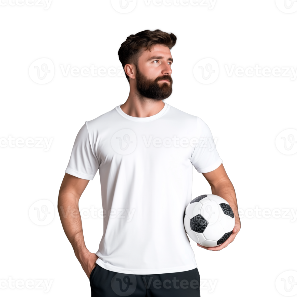 Man in white T-shirt holding a soccer ball on transparent background png