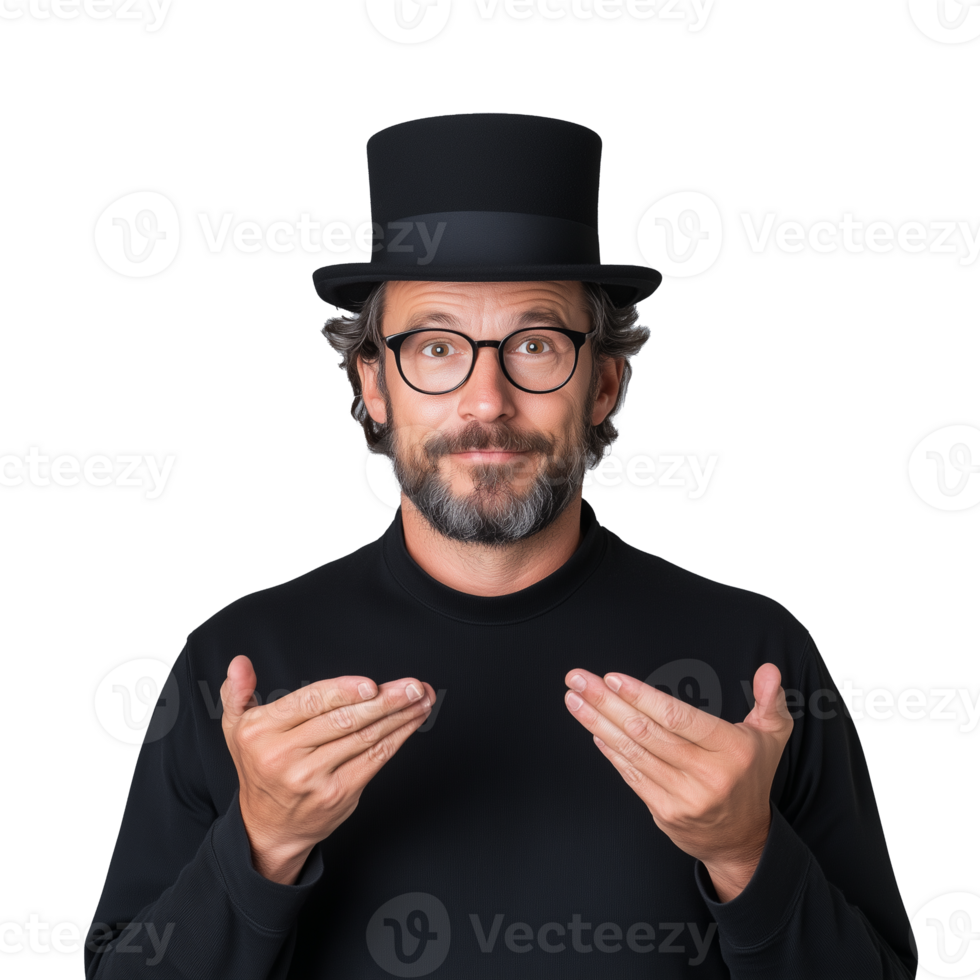 Man with black top hat and gesturing hands on transparent background png