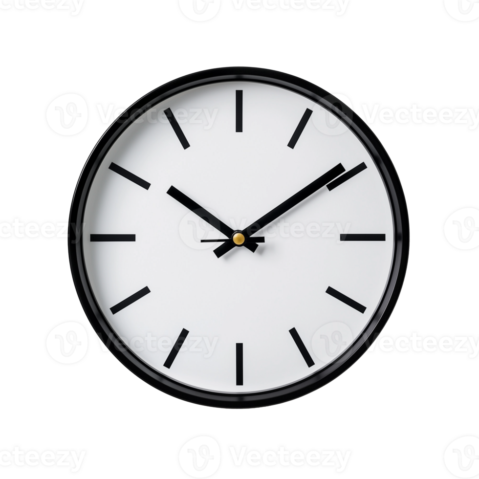Large round wall clock with black and white minimalist design on transparent background png
