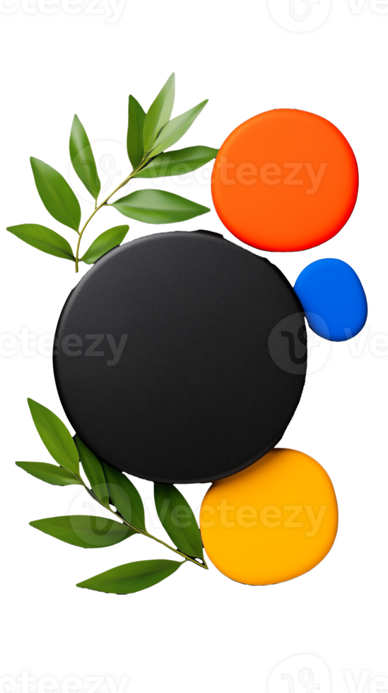 Minimalist composition with colorful shapes and green leaves on transparent background png