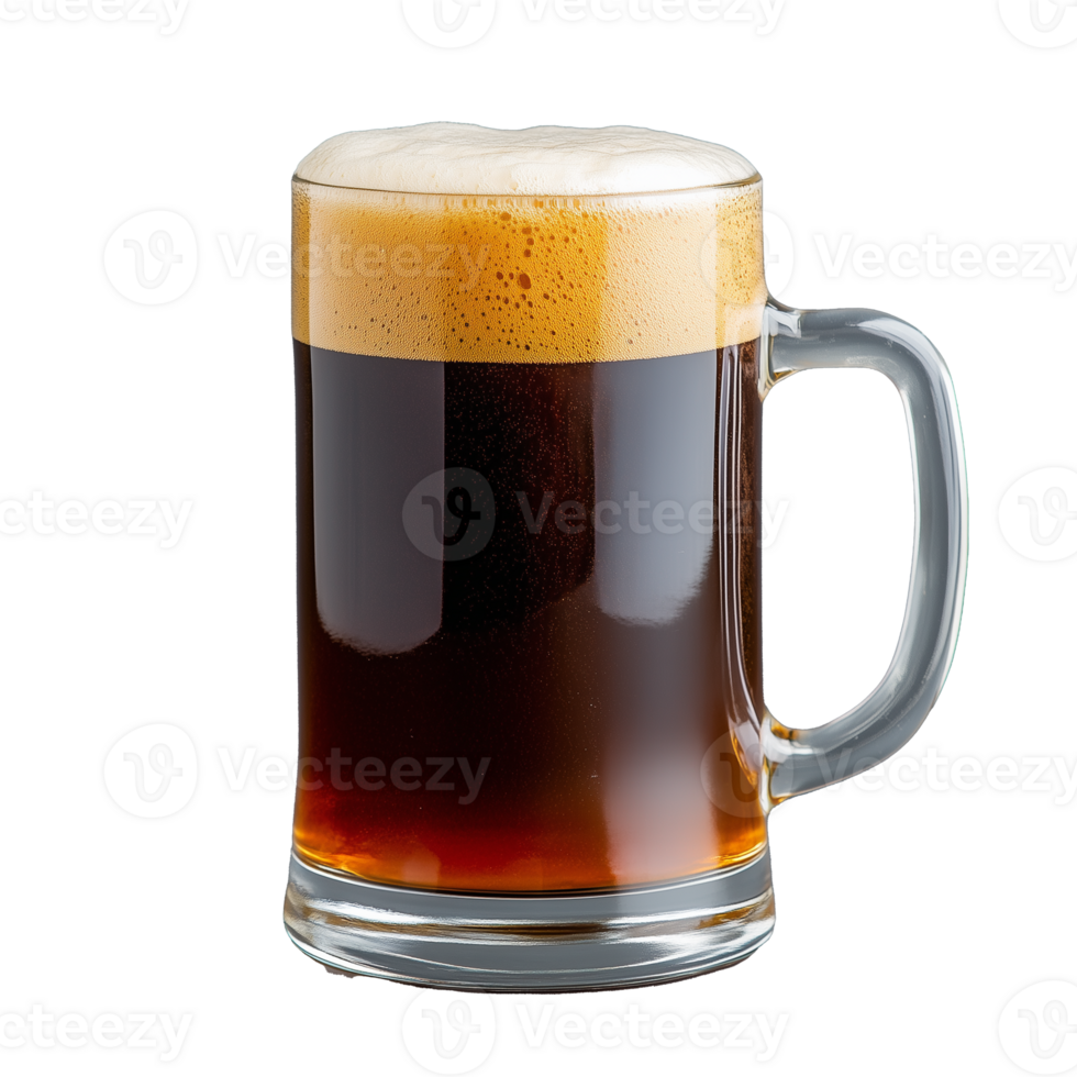 Cold glass of dark beer with frothy foam on transparent background png