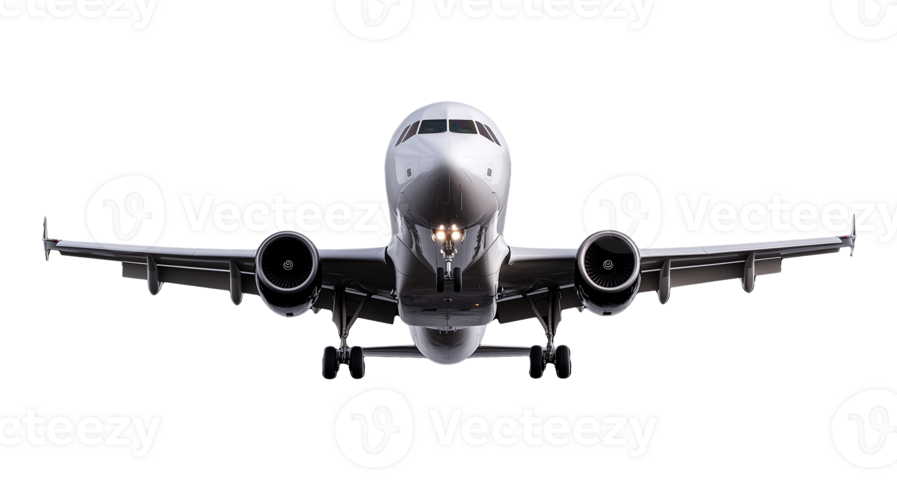 Head-on view of an airplane approaching for landing on transparent background png