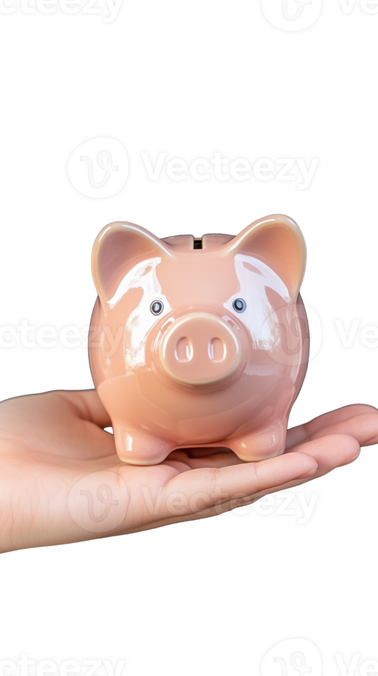 Human hand holding pink piggy bank, isolated on transparent background png