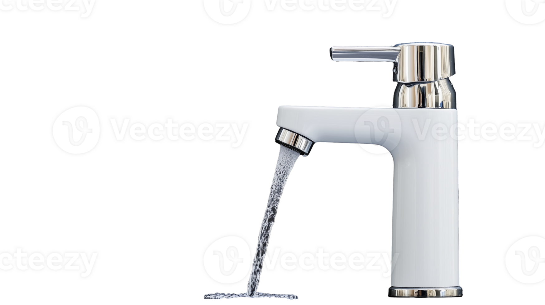 Modern white faucet with running water isolated on transparent background png