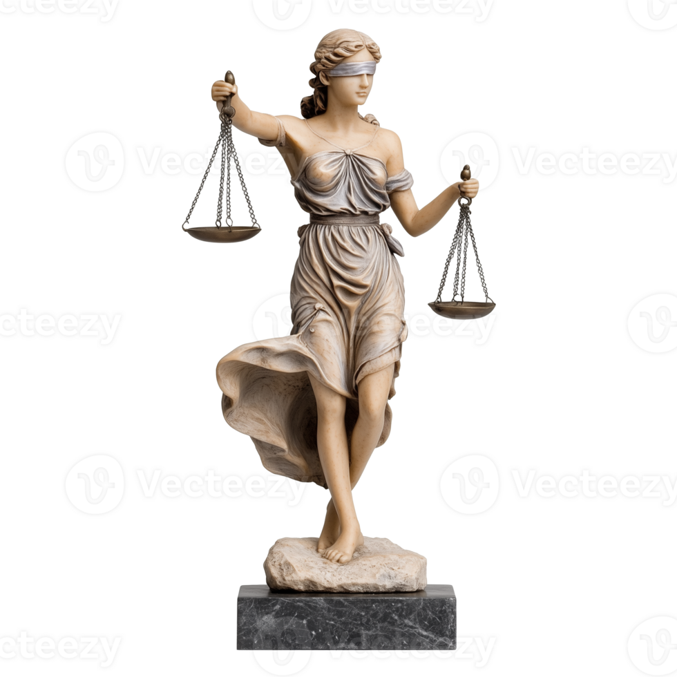 Classic statue of Lady Justice holding scales isolated on transparent background png