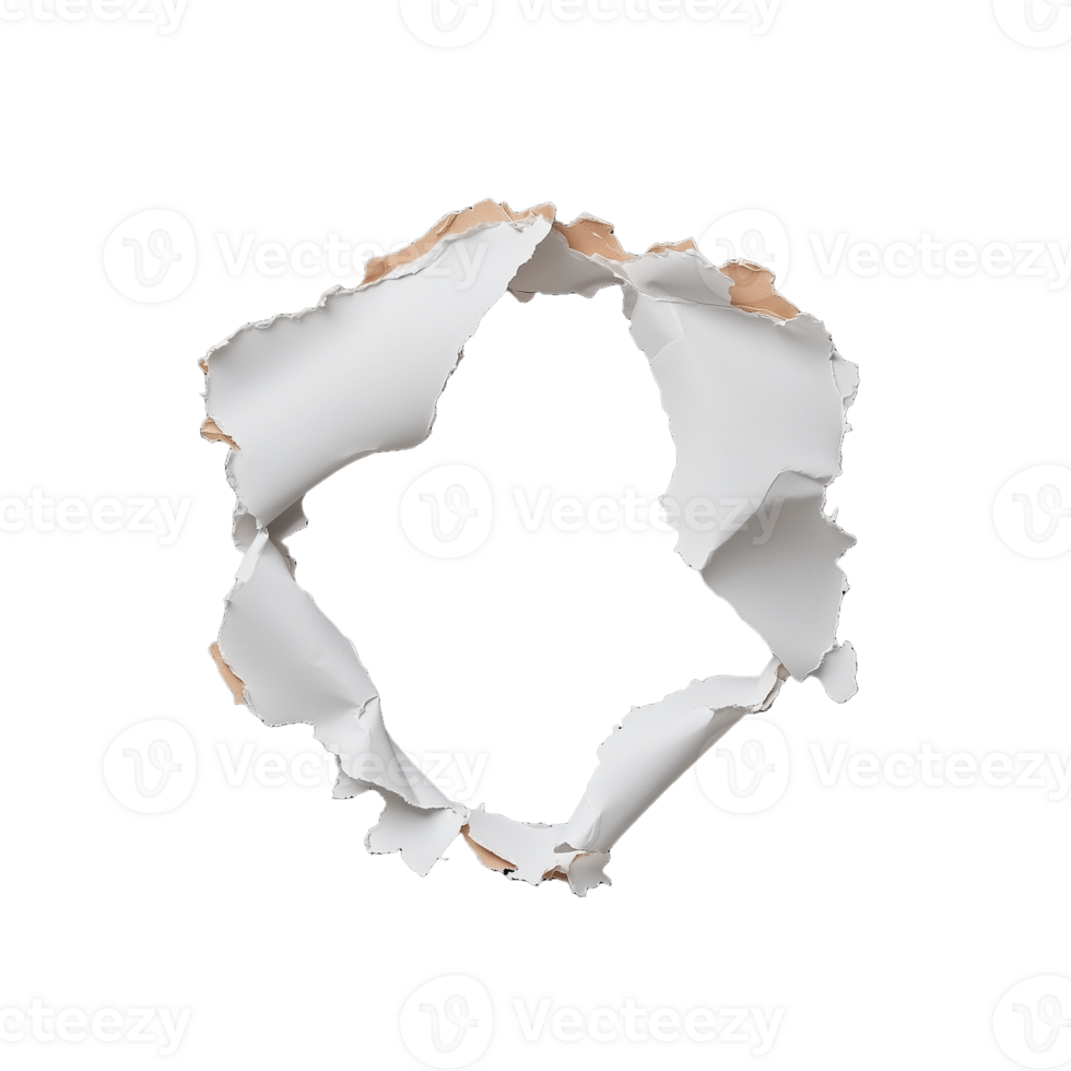 Torn hole in white paper isolated on transparent background png