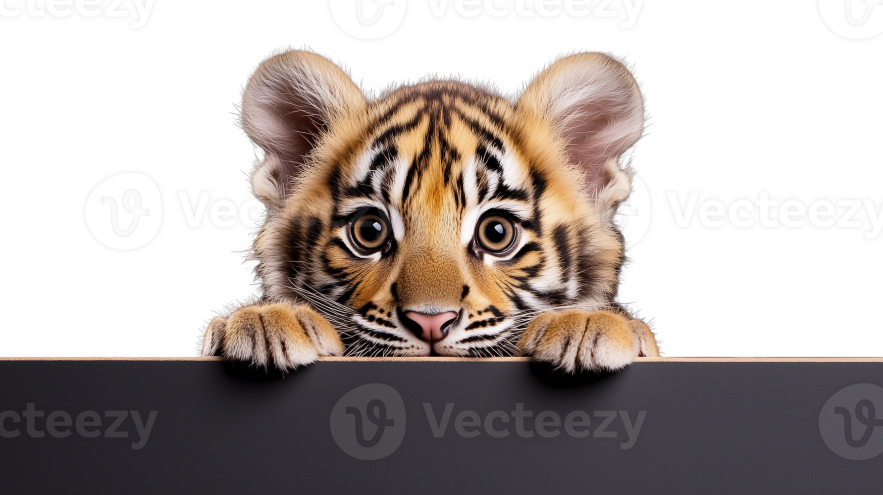 Curious young tiger cub looking over edge isolated on transparent background png