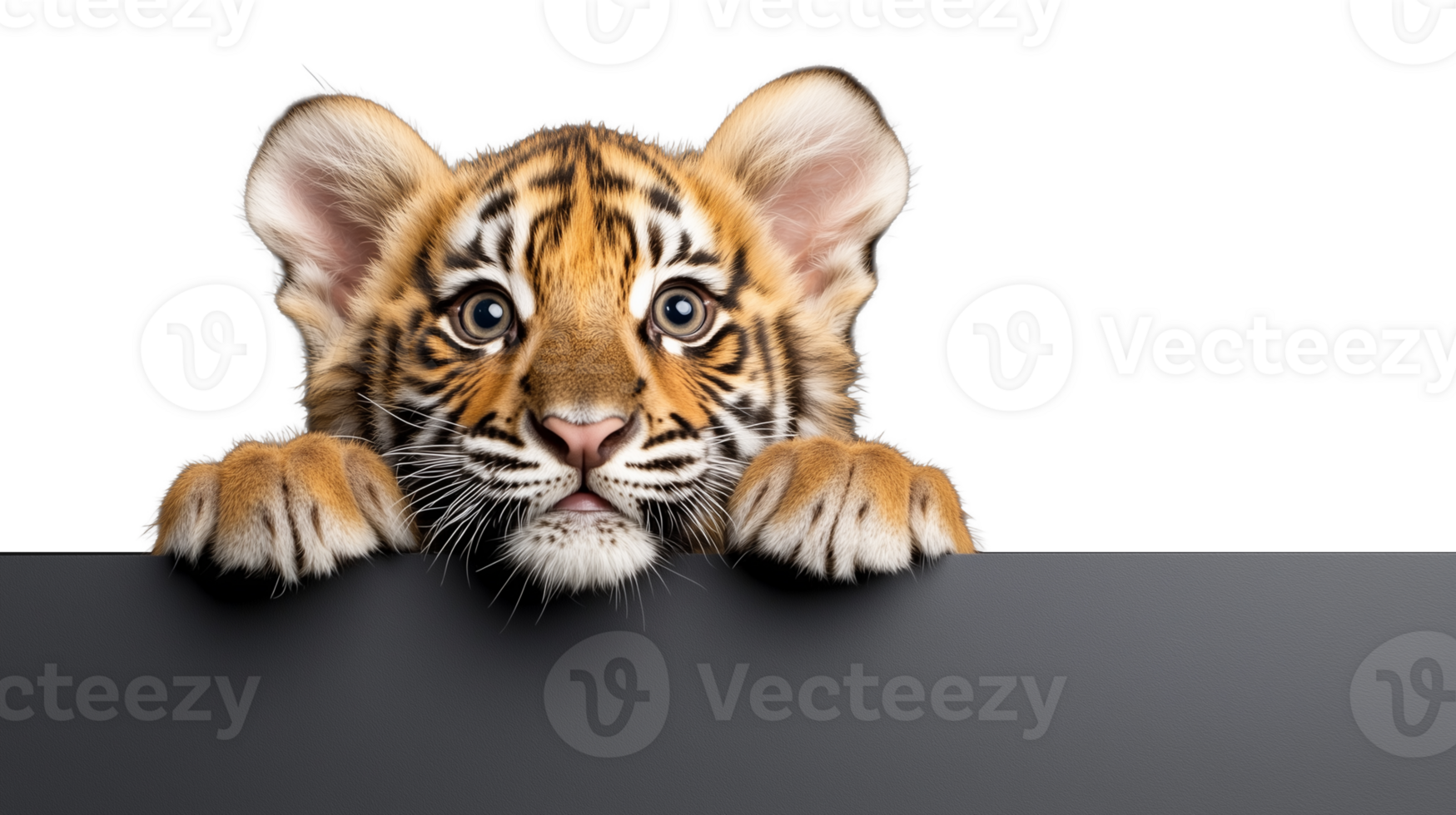 Adorable tiger cub peeking over edge isolated on transparent background png