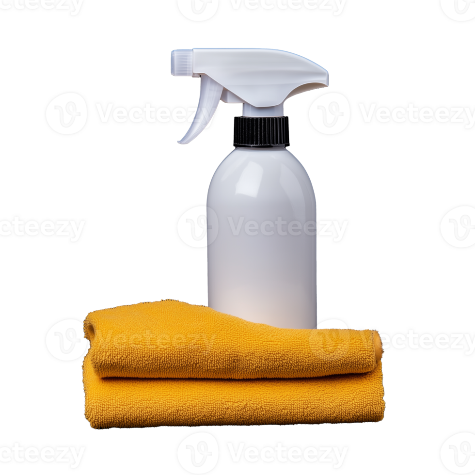 Cleaning spray bottle with yellow towel isolated on transparent background png