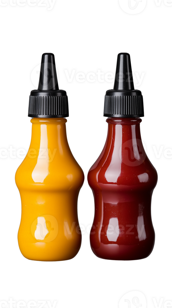 Two squeeze bottles for sauces in red and yellow isolated on transparent background png