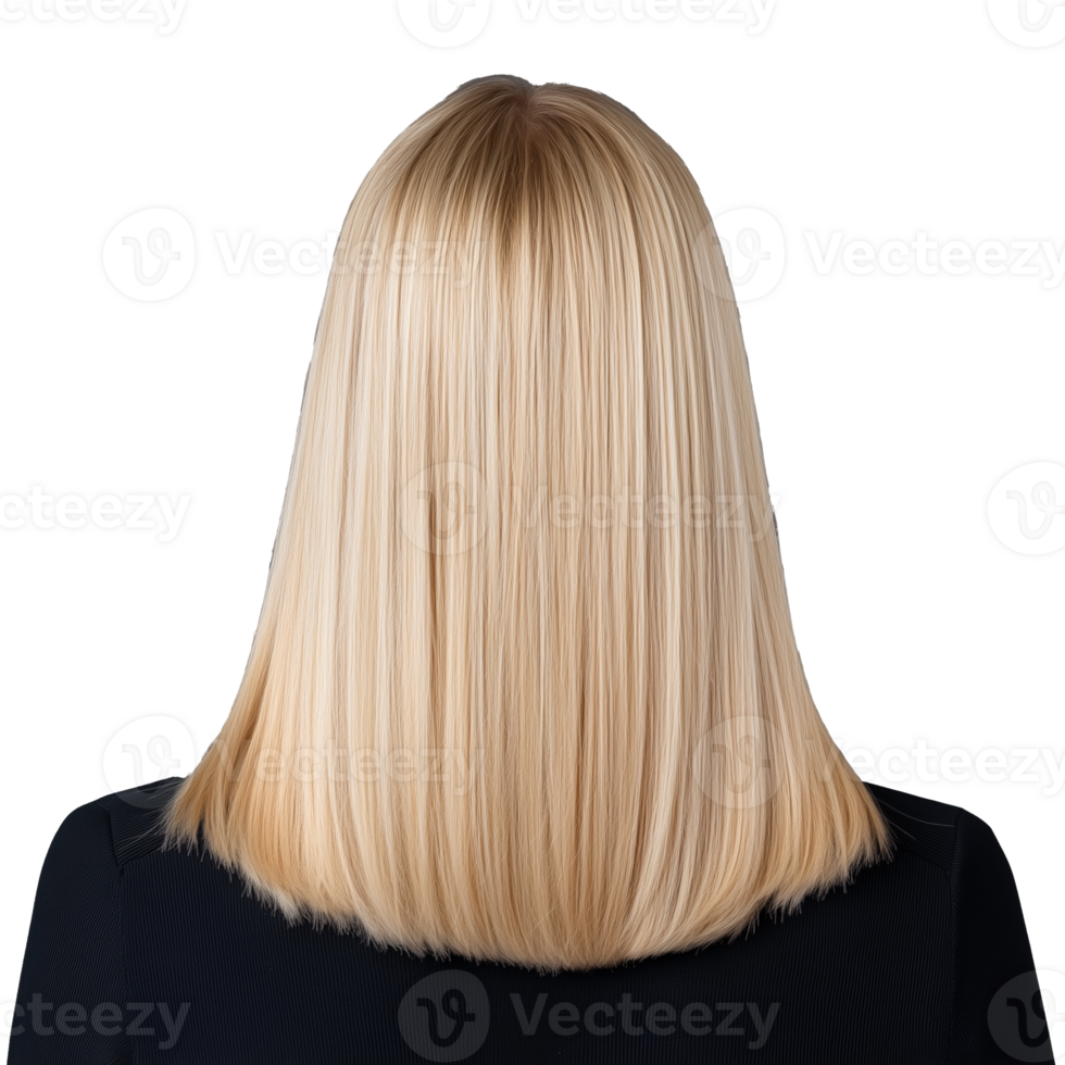 Woman with straight blonde bob hairstyle back view on transparent background png