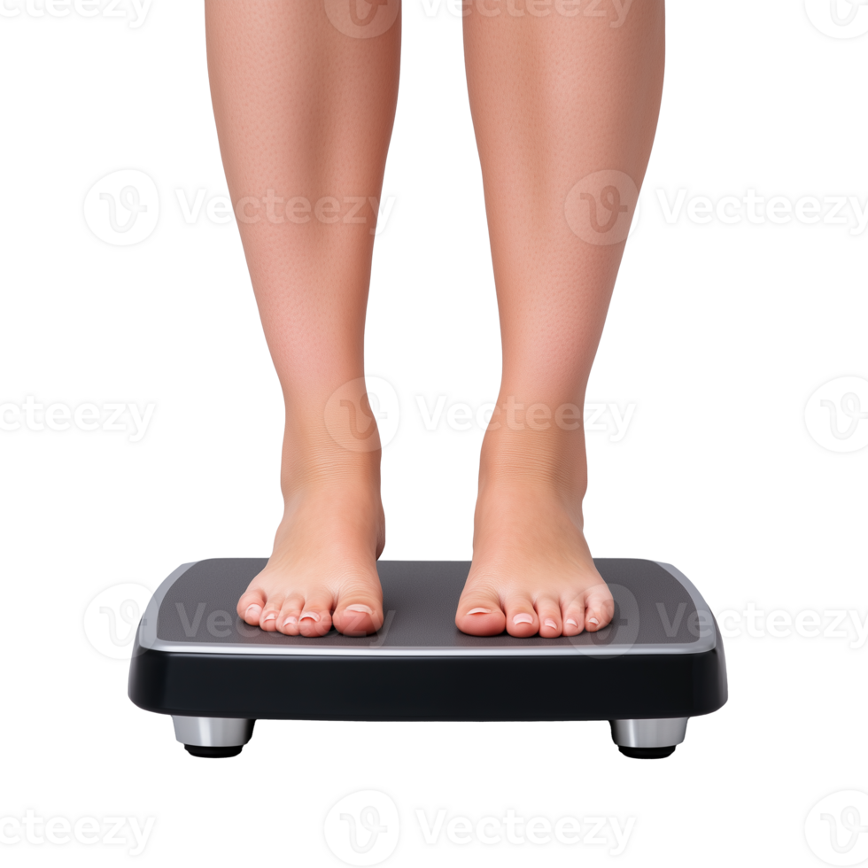 Woman standing on digital weight scale, feet close up on transparent background png