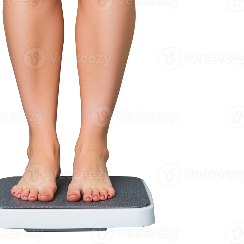 Woman standing on analog weight scale, feet close up on transparent background png