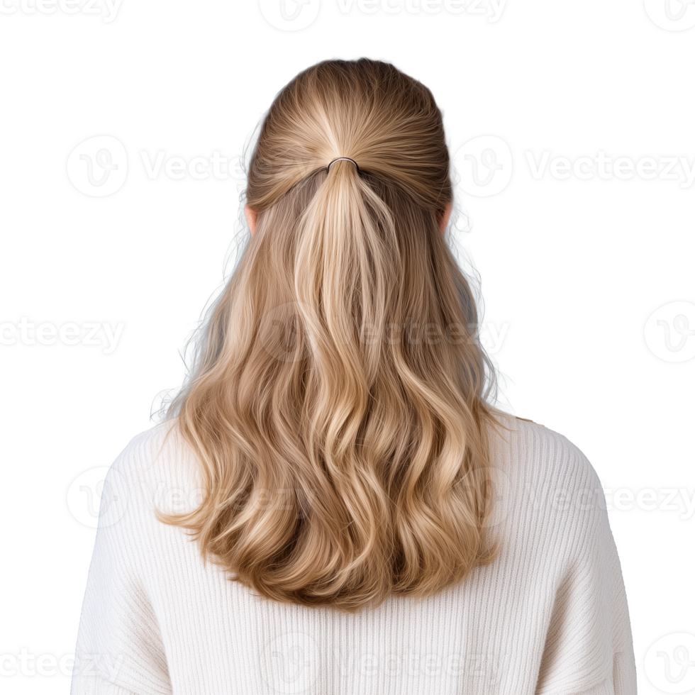 Back view of woman with medium-length blonde hair tied in a half ponytail on transparent background png