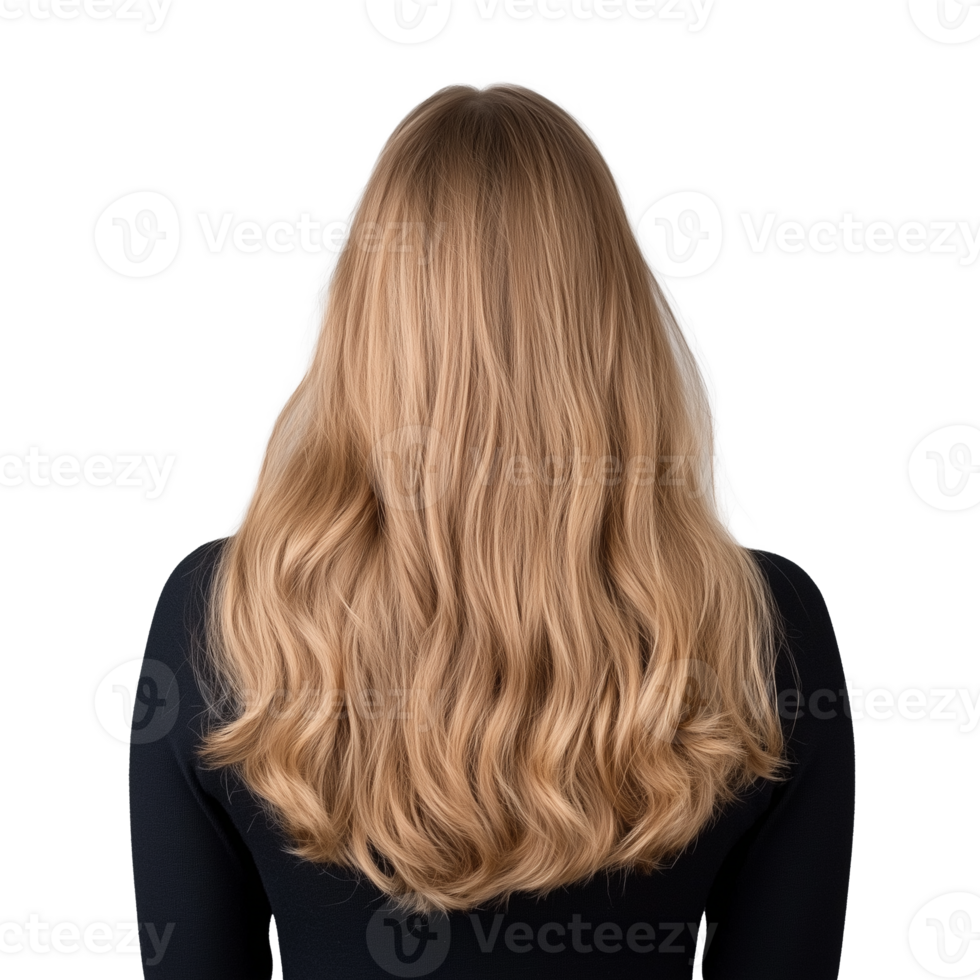 Woman with long blonde wavy hair, back view on transparent background png