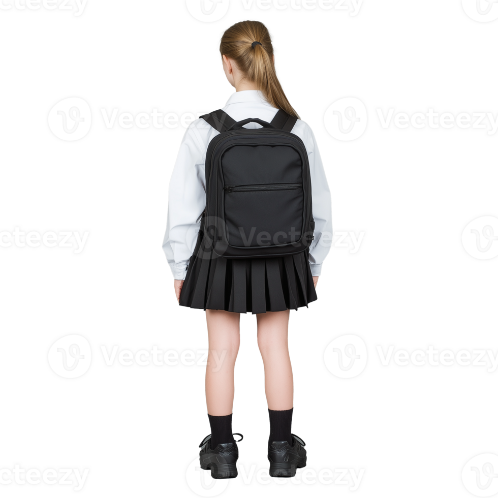 Schoolgirl with backpack, facing away, in school uniform on transparent background png