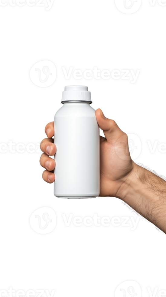 Hand with small bottle with silver cap png