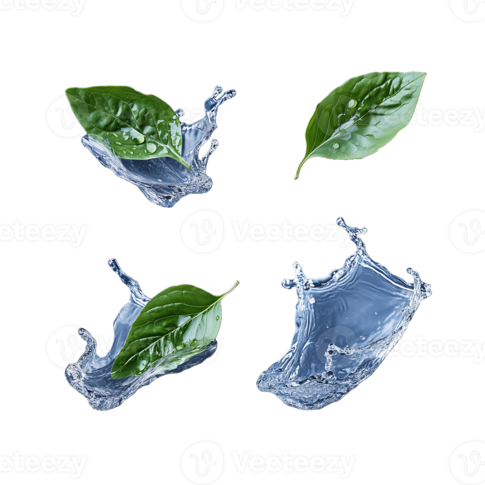 azul água salpicos com verde folhas png