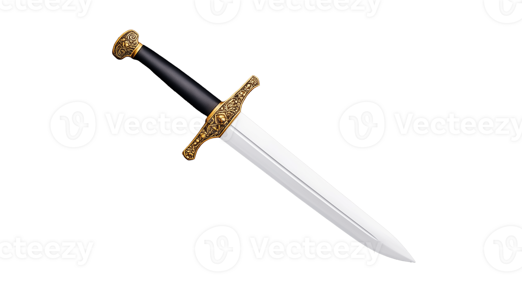 Silver sword with black hilt and gold detail png