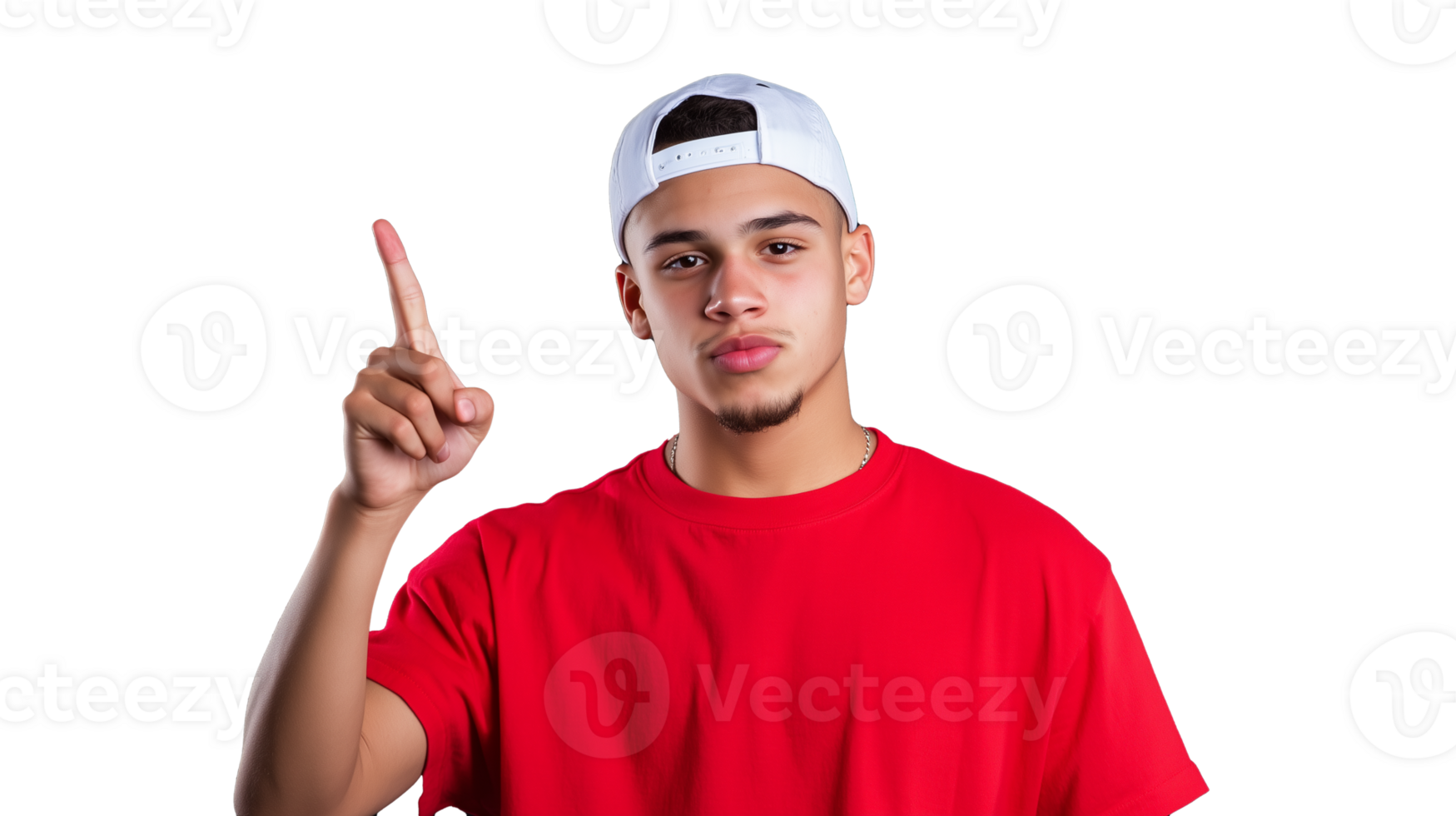 Young man in red shirt pointing up png