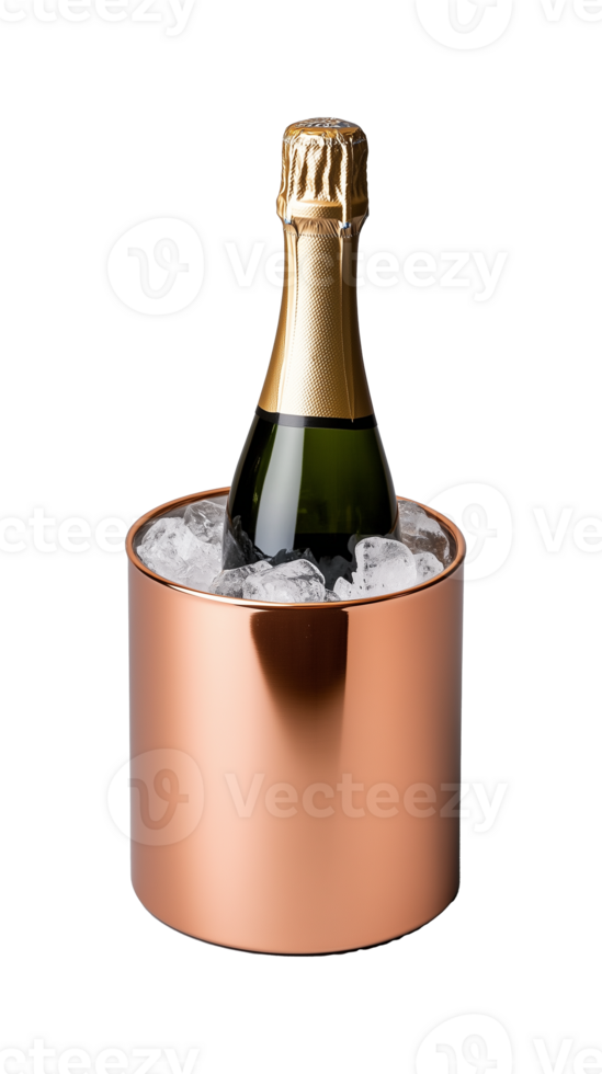 Champagne bottle in copper ice bucket, transparent background png
