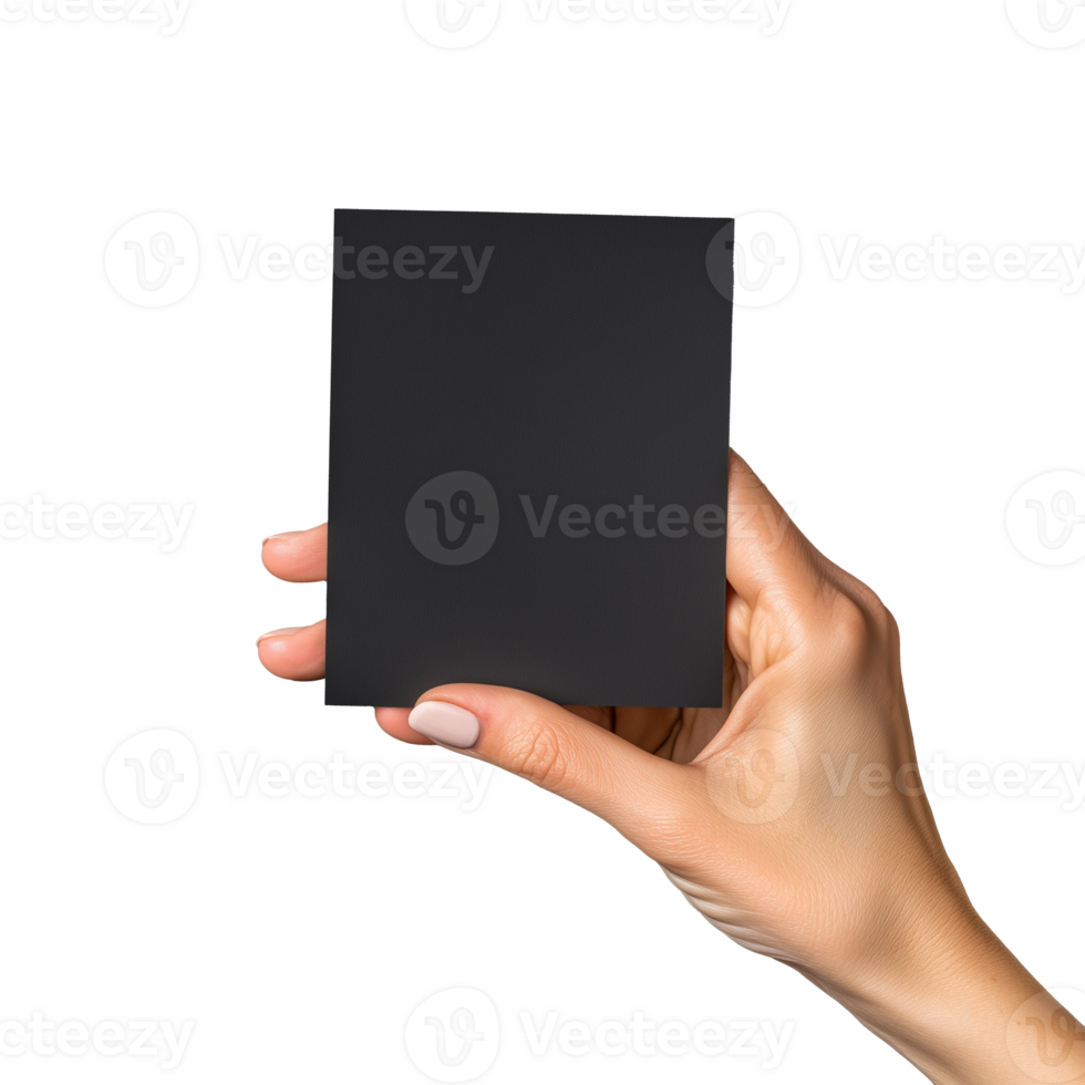 Hand holding blank black card, transparent background png