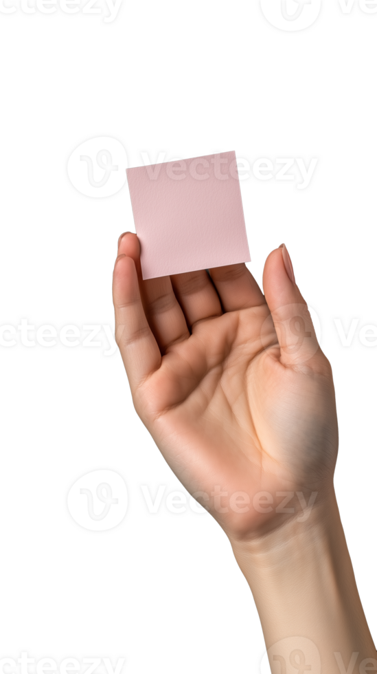 Hand holding pink sticky note, transparent background png