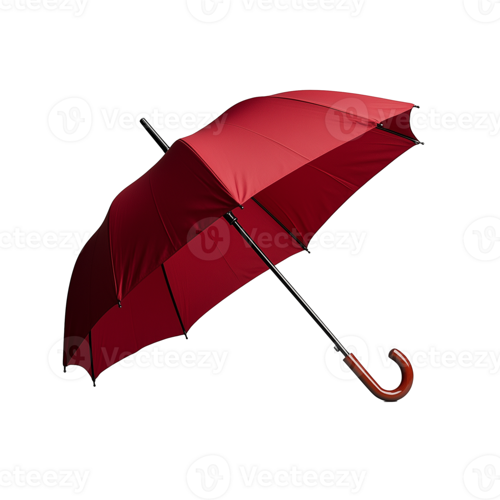 Red umbrella with curved handle, transparent background png