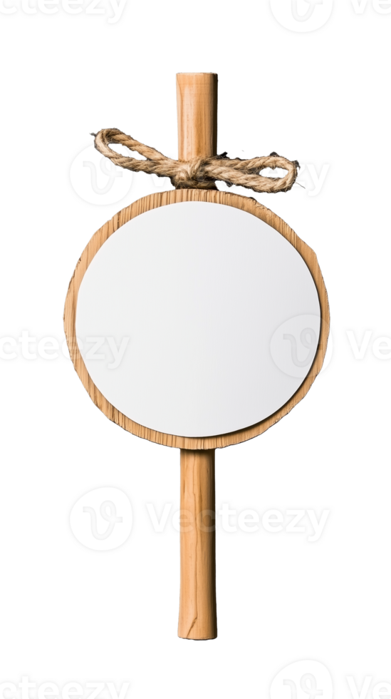 Circular wooden sign with rope hanger, transparent background png