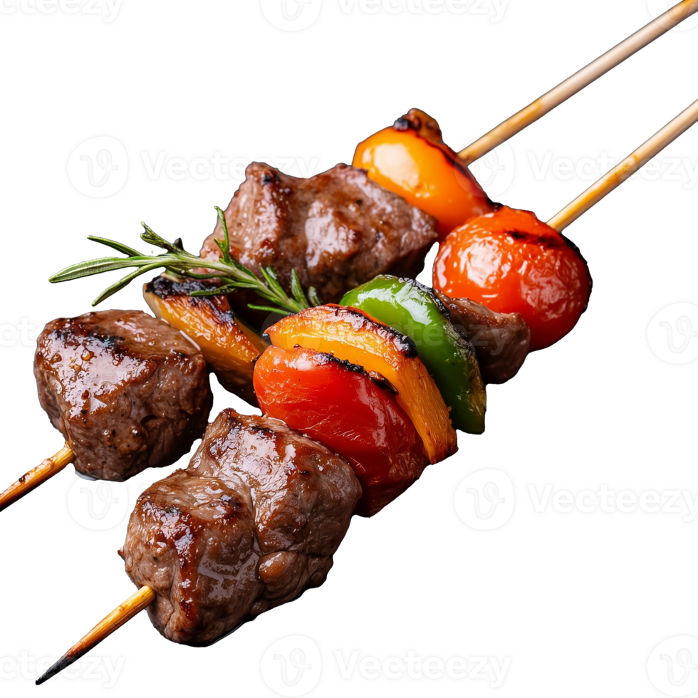 Grilled meat and vegetable skewers, transparent background png