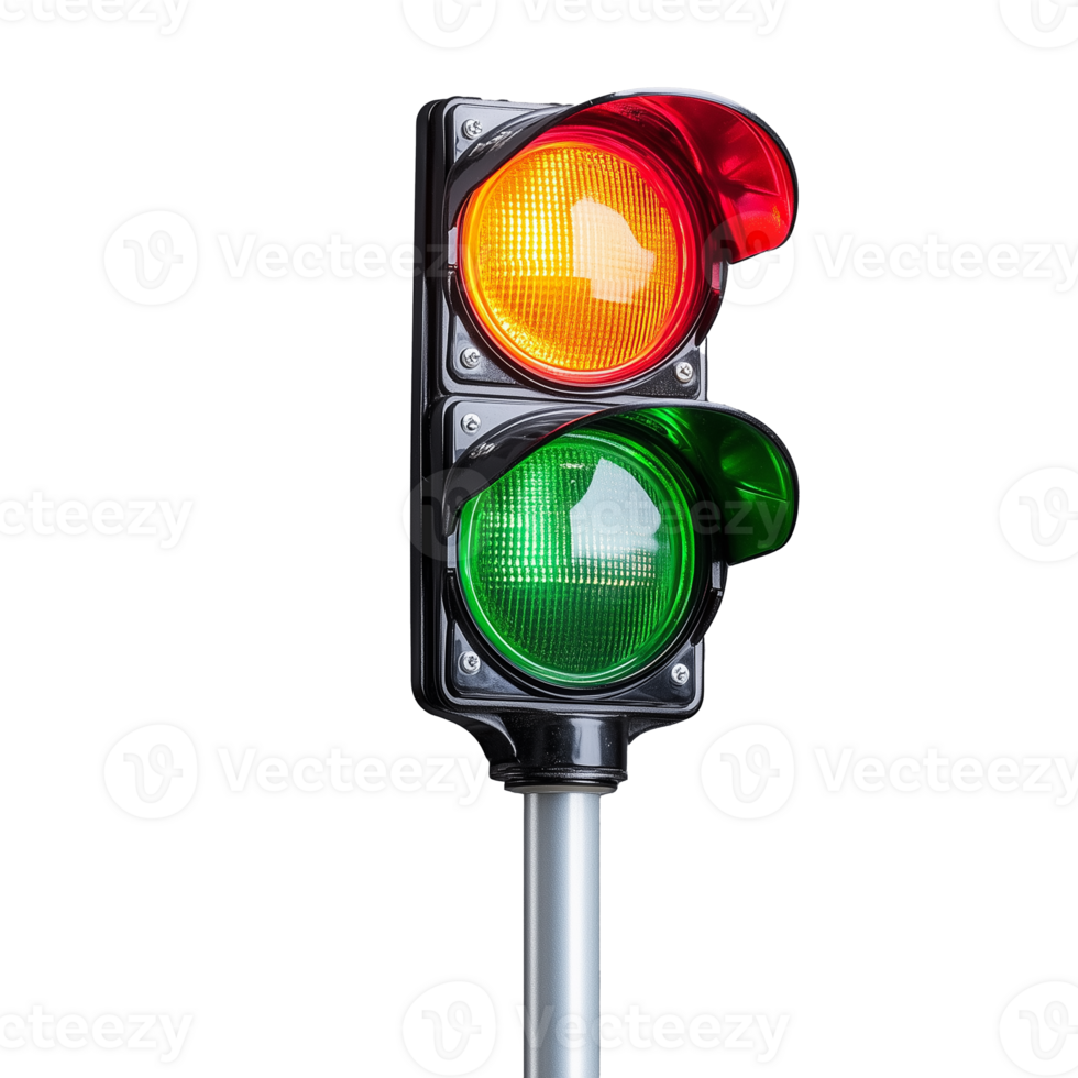 Traffic signal with lights on pole, transparent background png