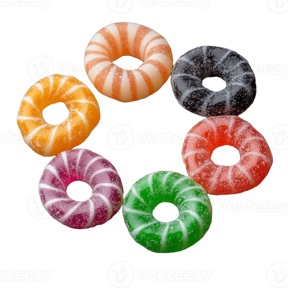 Assorted round candies in multiple colors on transparent background png