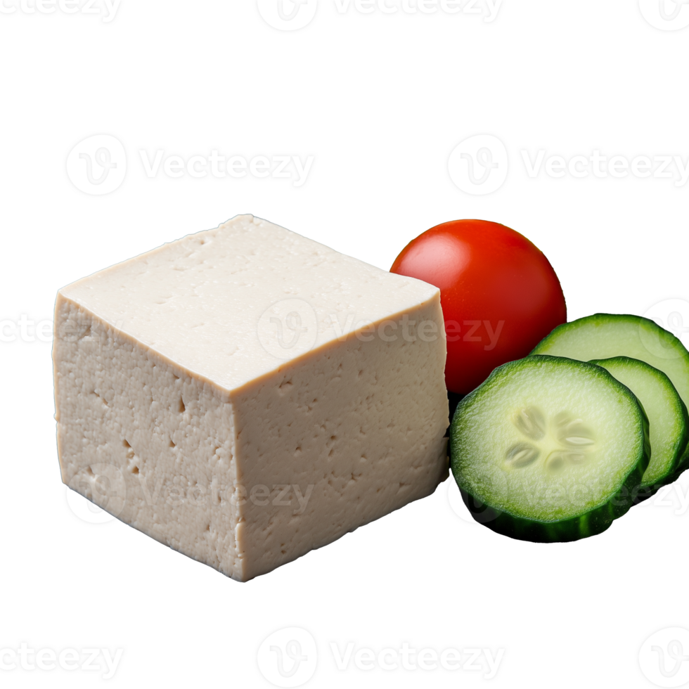 Tofu with sliced cucumber, tomato, and zucchini on transparent background png