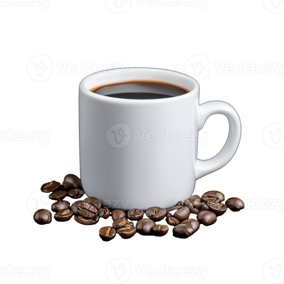 White coffee mug with beans on transparent background png