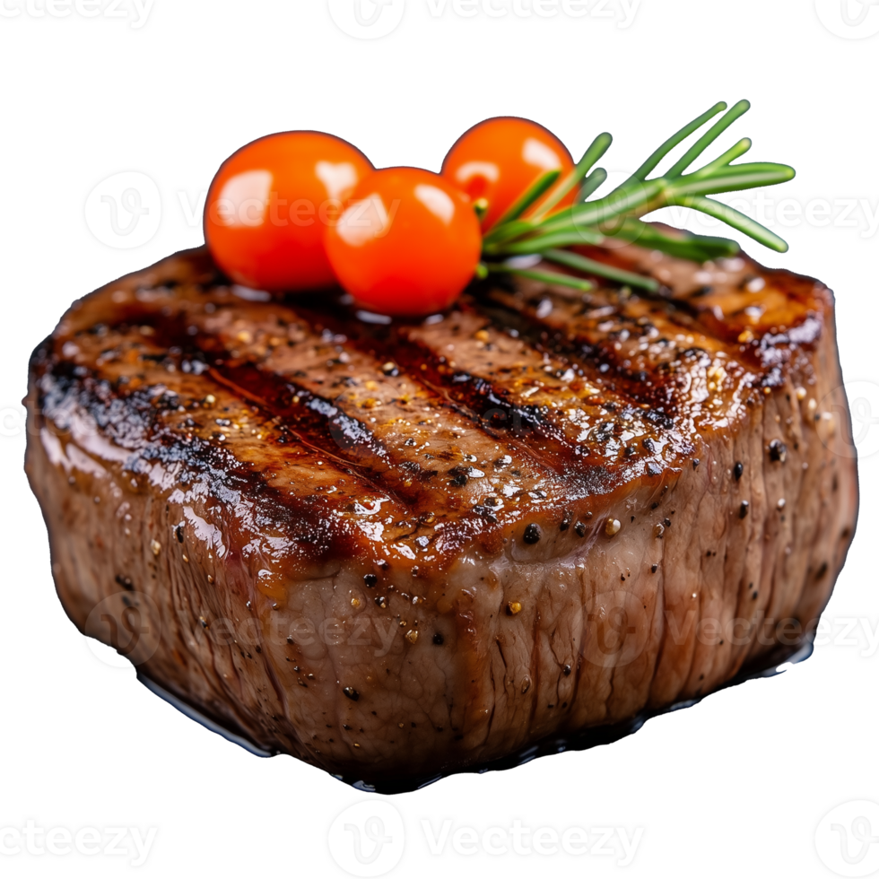 Grilled steak with cherry tomatoes and rosemary on transparent background png